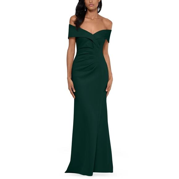 Xscape Off-The-Shoulder Ruched Scuba Gown Hunter Green Size 14 NWT
